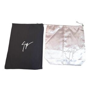 Set Of 2 Drawstring Storage Dust Bags Designer Logo Design Black & Silver Satin